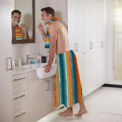 Teal Orange Striped Bath Towel Set of 3 - Microfiber Absorbent Bathroom & Beach Towels