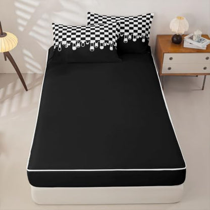 Kids Full Size Plaid Comforter Set with Zipper Bed Cover and Fitted Sheet - Black White