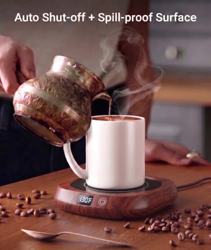 Coffee Mug Warmer Set with Temperature Control and LED Display - Walnut 15oz Ceramic Mug Gift