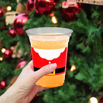Christmas Disposable Plastic Cups 12oz with Santa Elf Snowman Gingerbread Design 100 Pack