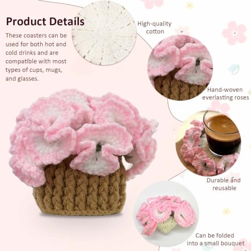 Pink Carnations Crochet Coaster Set - Potted Flower Decor, Handmade