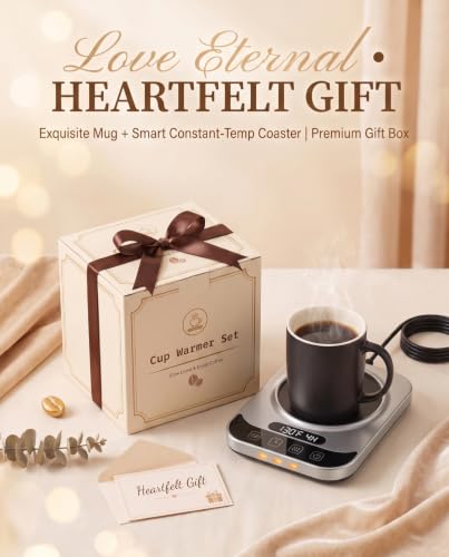 Silver Smart Coffee Mug Warmer with Ceramic Mug Set, 9 Temp Control & Auto Shut Off