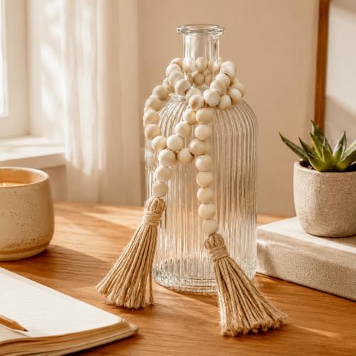 Wood Bead Garland with Tassels - 34 Inch Farmhouse Rustic Home Decor