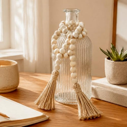 Wood Bead Garland with Tassels - 34 Inch Farmhouse Rustic Home Decor