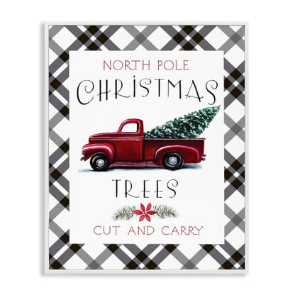 North Pole Christmas Trees Red Truck Wall Art - 16x20 Framed Giclée Print, White Frame, Holiday Decor