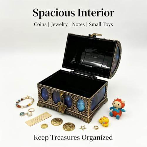 Starry Galaxy Treasure Chest with Lock and Key - Kids Pretend Play Storage Box, Classroom Prize Container