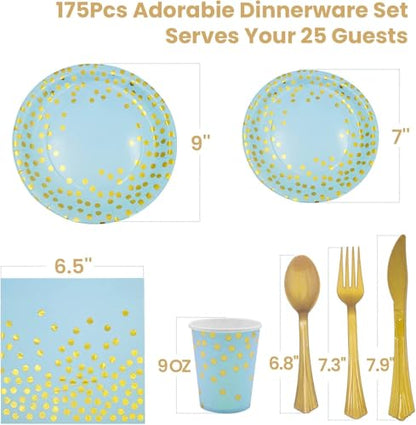 AIRE 175PCS Blue and Gold Disposable Party Plates Set for 25 Guests