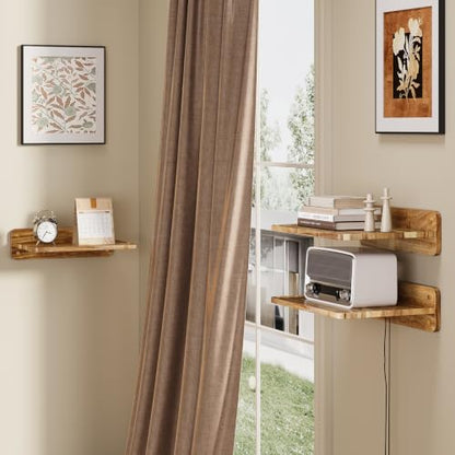 2 Pieces Acacia Wood Wall Mount Floating Shelf for Projector Router Modem TV