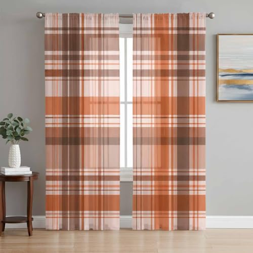 Semi Sheer Curtains 52 x 63 Inches Set with Orange, Brown, Cream Checks - Window Drapes for Living Room Bedroom