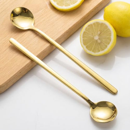 Gold Coffee Spoons Set 4 - 6.7 Inch Long Handle Teaspoons, Stainless Steel