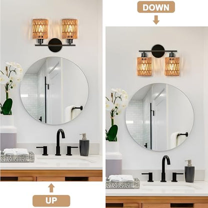 Merbotin 2 Light Rattan Vanity Light Boho Vanity Lighting Fixture Woven Bathroom Vanity Wall Light Coastal Tropical Bathroom Light, Rustic Natural Style Wall Mount Light for Bedroom Kitchen