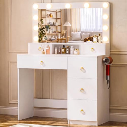 COMHOMA 32in Vanity Desk with Mirror & Lights - White & Gold with Divided Drawers, Open Shelf, 32in Cloud Gold Variation