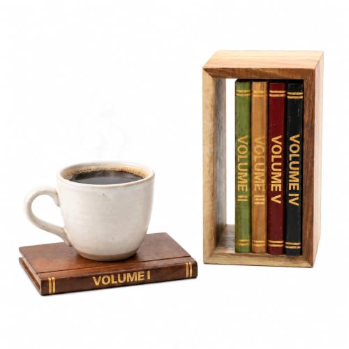 Acacia Wood Drink Coasters with Holder - Set of 5 for Coffee Table & Bar Decor