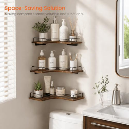 L-Shaped Corner Floating Wall Shelves Set of 3 Rustic Brown Wall Mounts with Guardrails