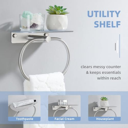 Suyar Bathroom Towel Ring with Shelf - Brushed Nickel, Oval Hand Towel Holder