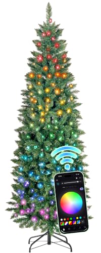6 Ft Prelit Pencil Christmas Tree with RGBW Lights - App Control, Green