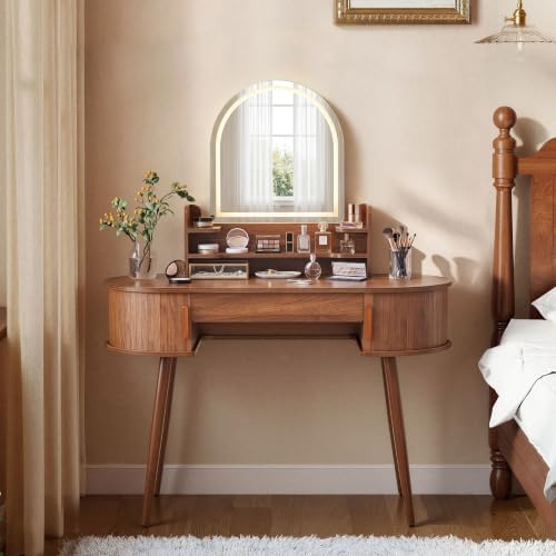 43" Walnut Makeup Vanity Desk with LED Arched Mirror, Storage & Lights - 17.71"D x 43.3"W x 54.72"H