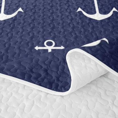 Navy Blue Nautical Anchor Full Quilt Set with Pillow Shams - Ocean Sailboat Microfiber Bedding