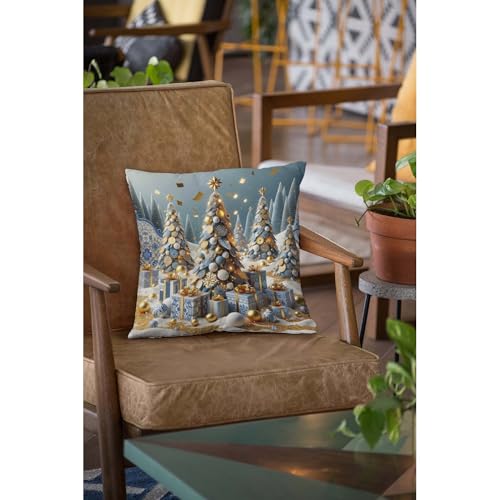 Merry Christmas Tree Throw Pillow Cover 16x16 Inch - Festive Snow Drift Gold Confetti Cushion for Sofa