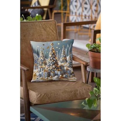 Merry Christmas Tree Throw Pillow Cover 16x16 Inch - Festive Snow Drift Gold Confetti Cushion for Sofa