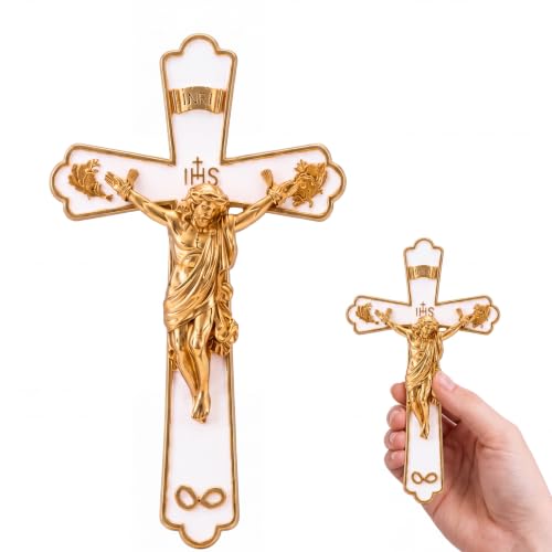 Catholic Wedding Wall Crucifix 7.9 Inch in White & Gold, Religious Wall Decor
