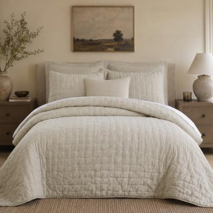 King Linen Quilt Natural French Flax Signature Linen Tack Quilted Bedspread