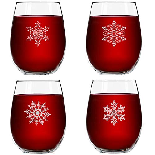 Snowflakes Christmas Stemless Wine Glass Set of 4 - 15 oz Holiday Party Cups - Elegant Gift Idea
