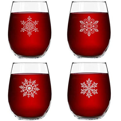 Snowflakes Christmas Stemless Wine Glass Set of 4 - 15 oz Holiday Party Cups - Elegant Gift Idea