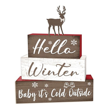 Christmas Wooden Decor Set - Reindeer with Bow & Snowflakes for Farmhouse Holiday Table Centerpiece - Variation of Bow Reindeer