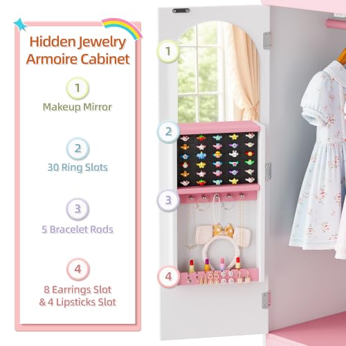 Kids Dress Up Storage Armoire with Hidden Jewelry Cabinet & Mirror - Toddler Wardrobe Organizer