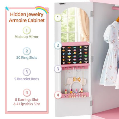 Kids Dress Up Storage Armoire with Hidden Jewelry Cabinet & Mirror - Toddler Wardrobe Organizer