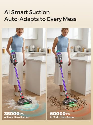 Purple Cordless Vacuum Cleaner for Home with 650W 60KPa Suction, Up to 75 Min Runtime