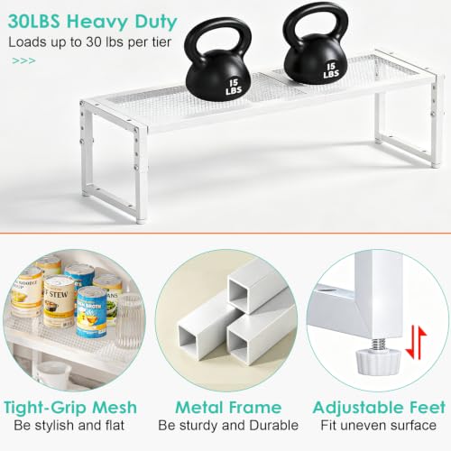 Expandable Adjustable Kitchen Shelf Organizer - Stackable Metal Storage Racks, 30LBS Capacity, 15.5-25.5 Inches
