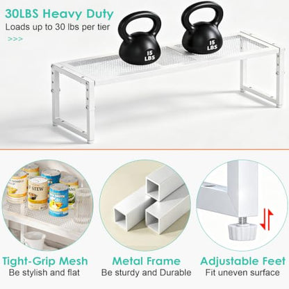 Expandable Adjustable Kitchen Shelf Organizer - Stackable Metal Storage Racks, 30LBS Capacity, 15.5-25.5 Inches