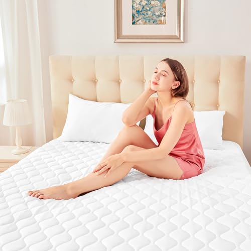 SameBed King Size Heated Mattress Pad White - Quilted Electric Fitted Cover with 9 Heat Settings