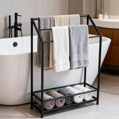 Hjarta 26 Inch Free Standing Towel Rack with 3 Bars and Shelf