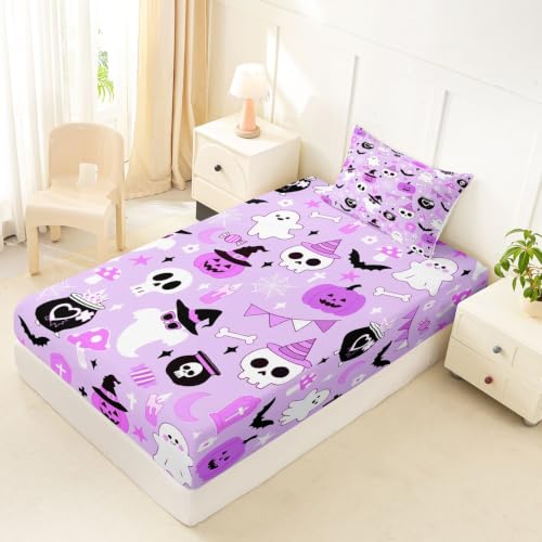 Halloween Purple Ghost Fitted Sheet Twin Size with Pillowcase - Kids Bedroom Decor