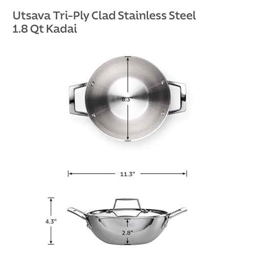 Tramontina Utsava 1.8-Quart Tri-Ply Clad Stainless Steel Kadai with Lid, Small Kadhai Pot for Indian Cooking