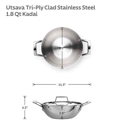 Tramontina Utsava 1.8-Quart Tri-Ply Clad Stainless Steel Kadai with Lid, Small Kadhai Pot for Indian Cooking