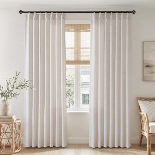Semi Sheer Pinch Pleated Linen Curtains for Living Room 84 Inches - Natural, Pack of 2