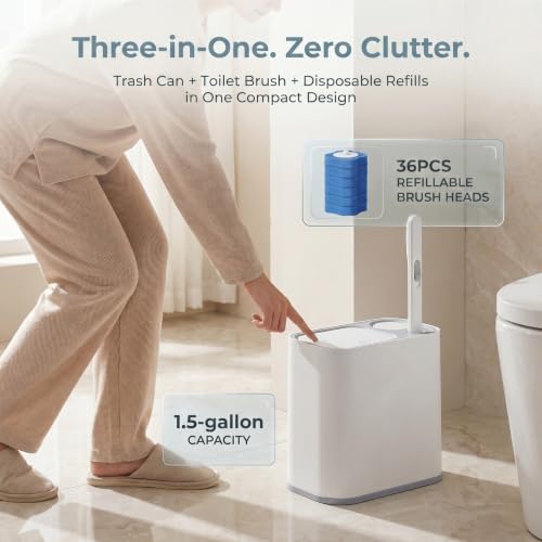 Bathroom Trash Can with Disposable Toilet Brush & 36 Refills - 1.5 Gallon Slim Set
