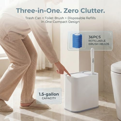 Bathroom Trash Can with Disposable Toilet Brush & 36 Refills - 1.5 Gallon Slim Set
