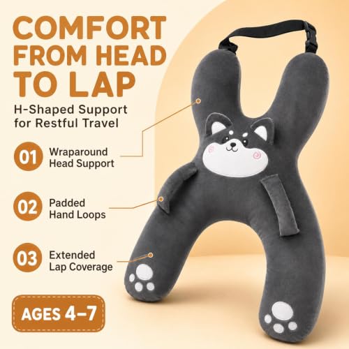 Kids Travel Car Pillow with Hand Straps - Gray Support Neck & Head Rest for Naps