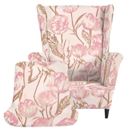 Pink Floral Stretch Wingback Chair Cover Set of 2 - Slipcovers for Living Room
