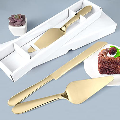 Eisinly Cake Cutting Set for Wedding, Elegant Knife and Server with Thickened Stainless Steel Rounded Edges, Cutter Pie Spatula Birthday Anniversary Christmas Gift of 2, Gold