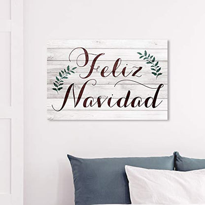 Holiday Wall Art Canvas Prints - Rustic Feliz Navidad 36 x 24 Inches - Brown & Green