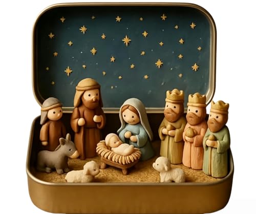 Mini Nativity Scene Set in Tin Box - Handcrafted Holy Family Figurines - Portable Christmas Decor - Variation #a