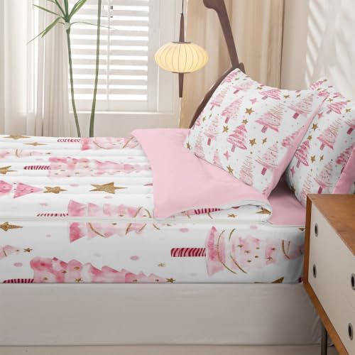 Pink Christmas Tree Comforter Set Twin with Zipper Bedding - Feelyou Pink Gold Variation