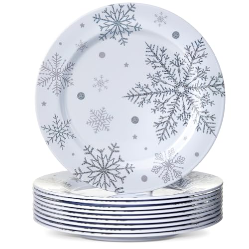 8 Inch Christmas Snowflake Plates Silver White Set of 10 - Winter Holiday Dinnerware