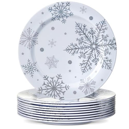 8 Inch Christmas Snowflake Plates Silver White Set of 10 - Winter Holiday Dinnerware